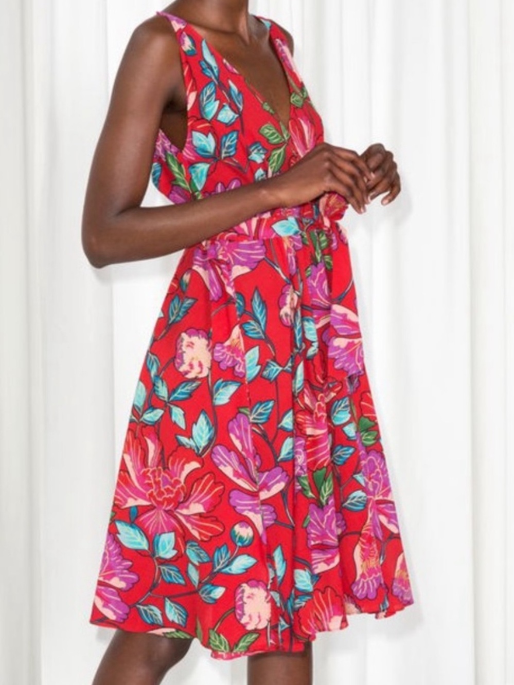 & Other Stories Red Floral Peony Midi Dress  sz . 8